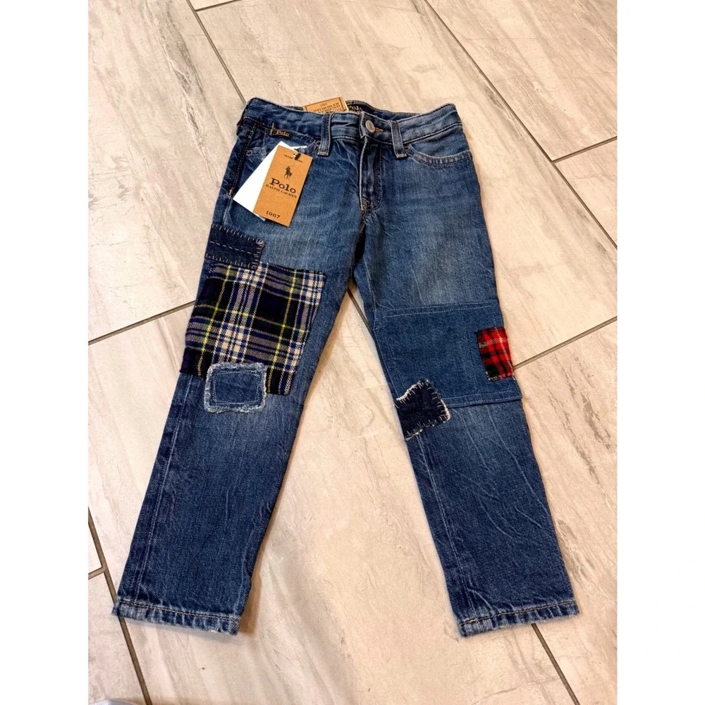 Polo Ralph Lauren Kids Patchwork Astor Slim Boyfriend Jeans Blue Plaid 3T NWT
